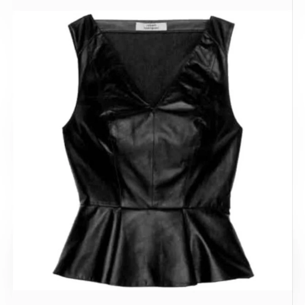 Robert Rodriguez Black V-Neck Leather Sleeveless Peplum Top Mesh Back Size 8 - Picture 2 of 9